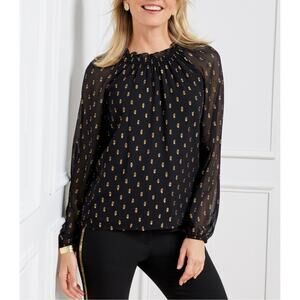 TALBOTs Black Metallic Gold Polka Dots Smocked Neck Blouse Womens Petite Medium